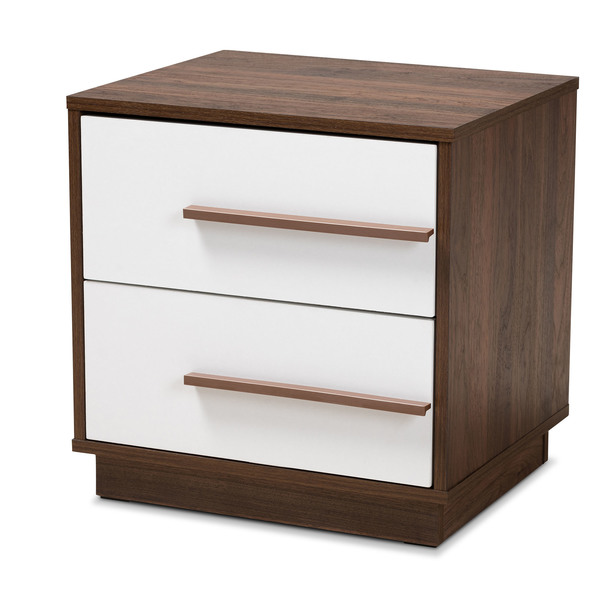 Baxton Studio Mette Mid-Century White and Walnut Finished 2-Drawer Wood Nightstand 157-9526